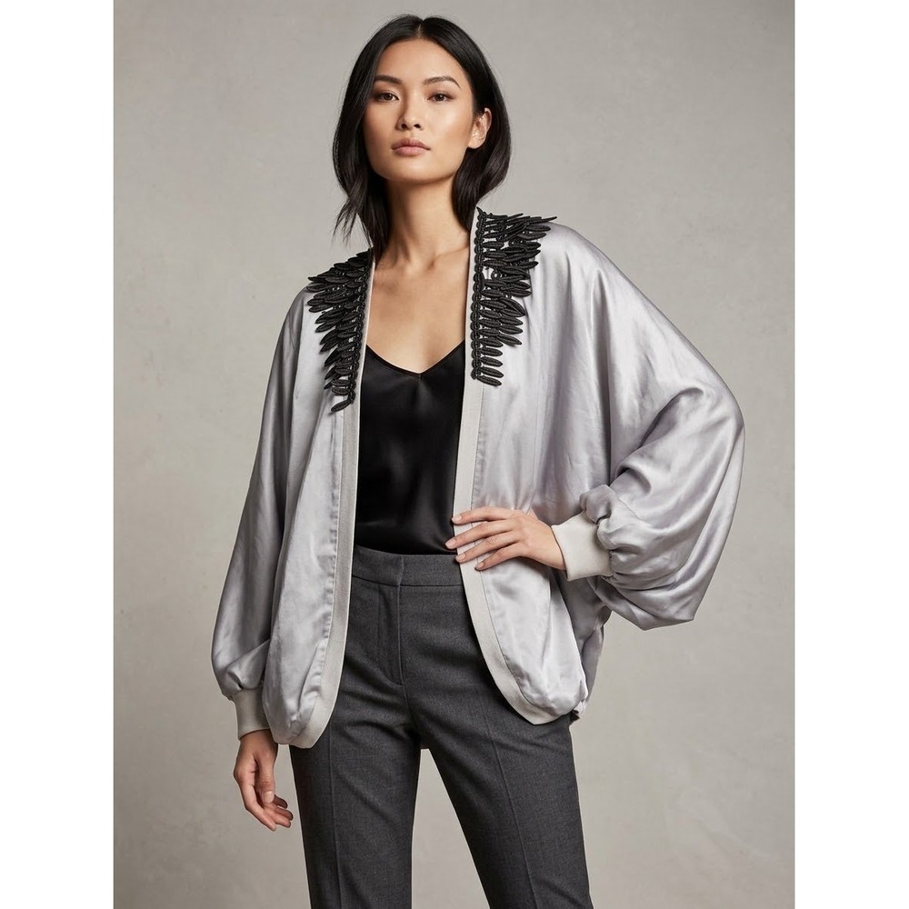 Elizabeth and James Silver Satin Beaded Embroidery Dolman Bomber Jacket XS/S